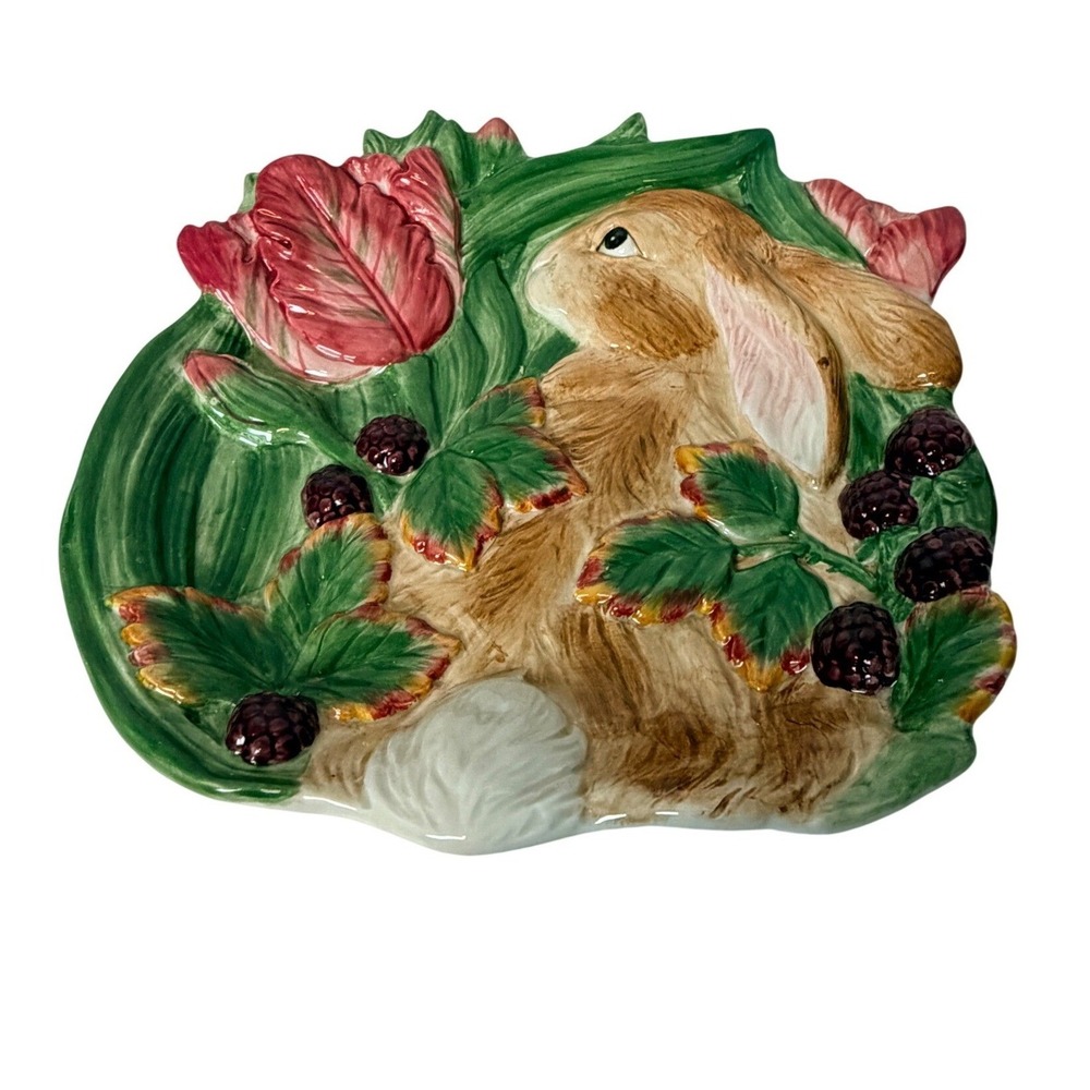 Fitz and Floyd 2002 Canape Plate‎ Blackberry Rabbit Tulip Ceramic Easter Decor